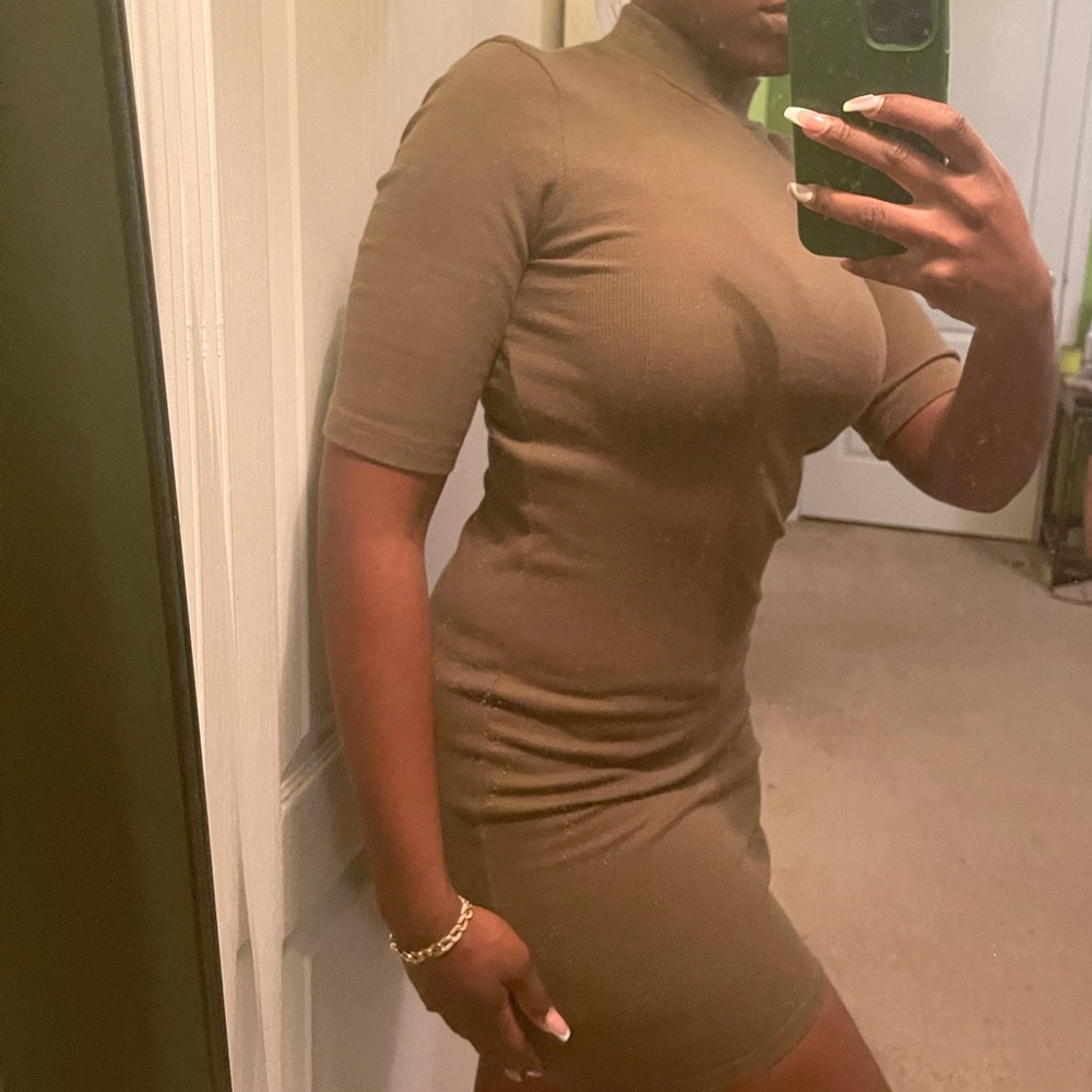 Olive Mock Neck Ribbed Dress - Picture 8 of 10